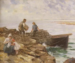 Cargando trampas para langostas, c.1900